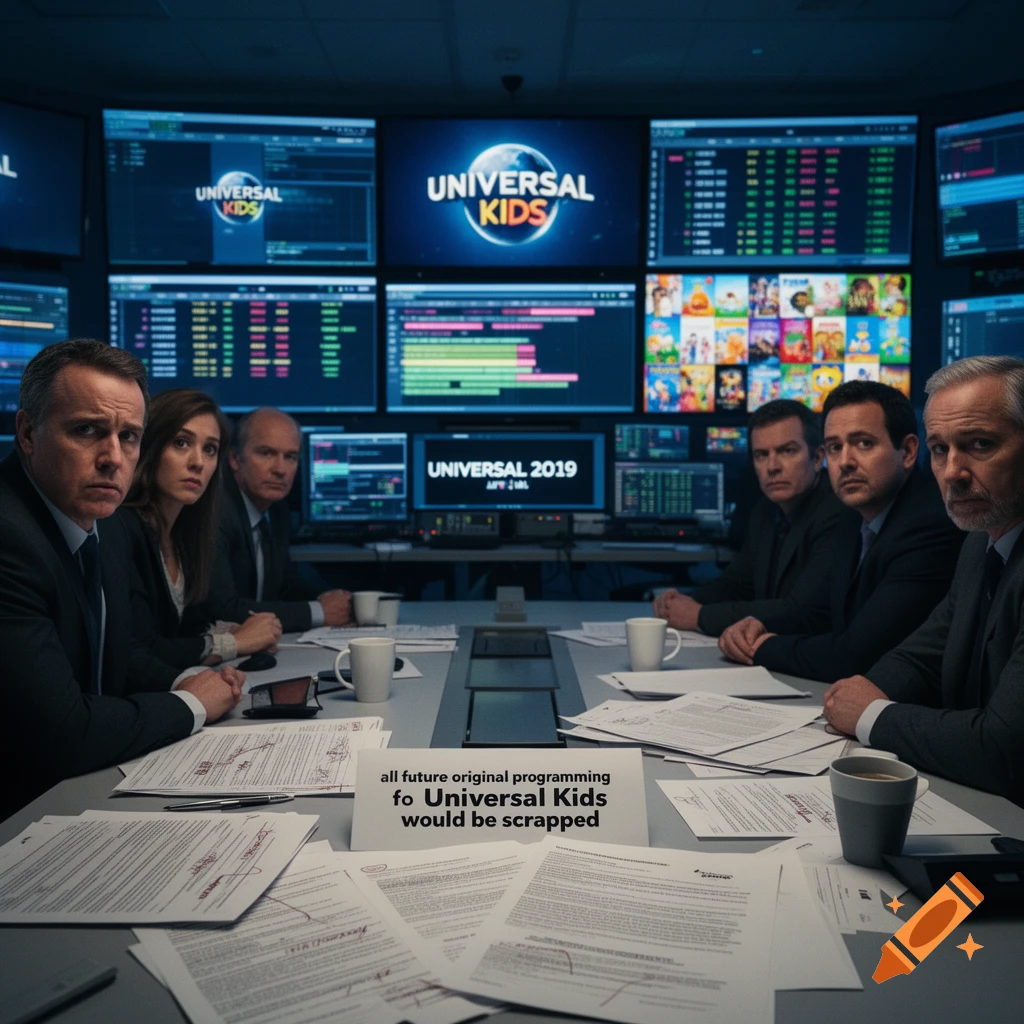 Photorealistic image of a boardroom meeting with executives around a table, with screens displaying the Universal Kids logo in the background.