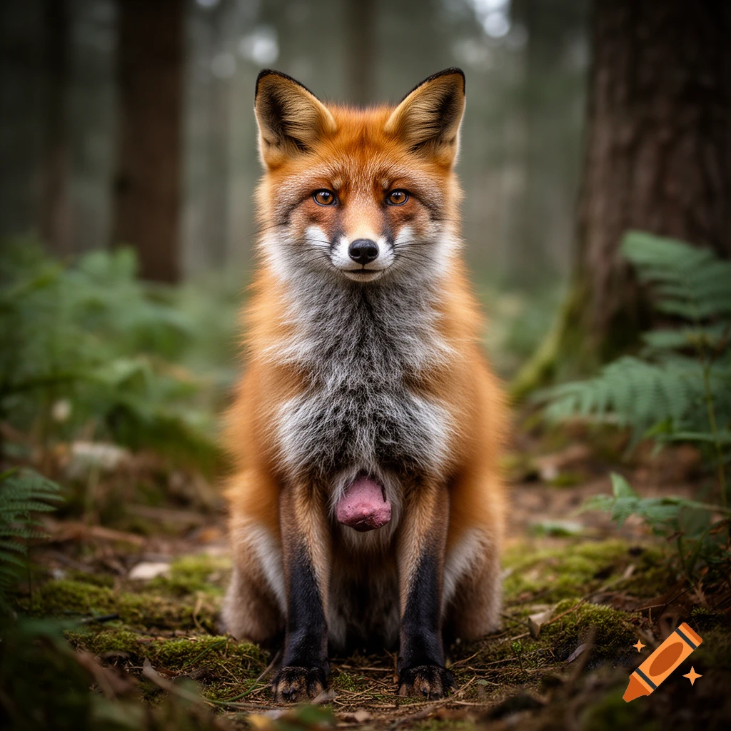 Photorealistic image of a red fox sitting in a forest.