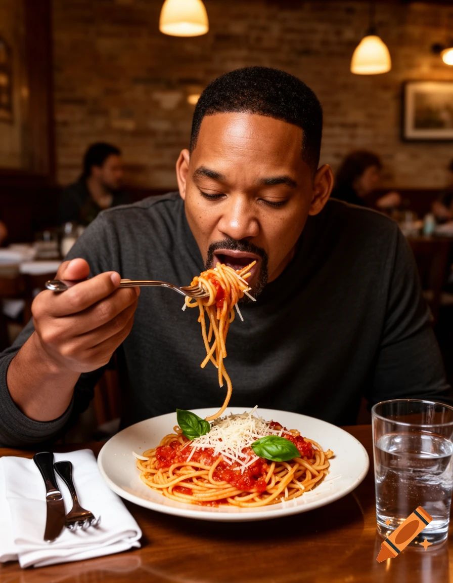 Photorealistic image of Will Smith eating a plate of spaghetti with a fork in a restaurant.