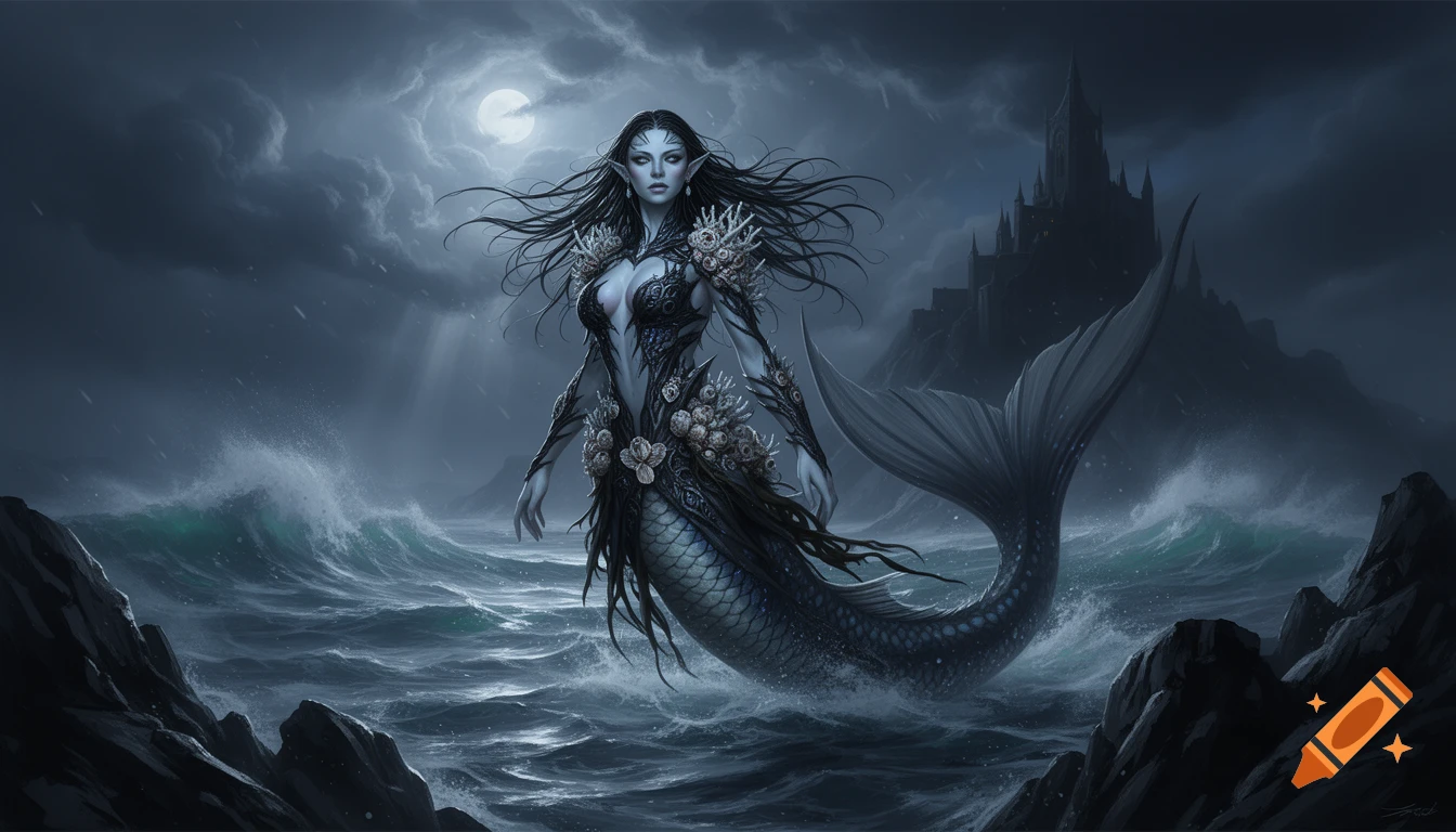 Dark fantasy concept art of a pale-skinned siren with a black fish tail emerging from stormy ocean waves at night, with a gothic castle in the distance.