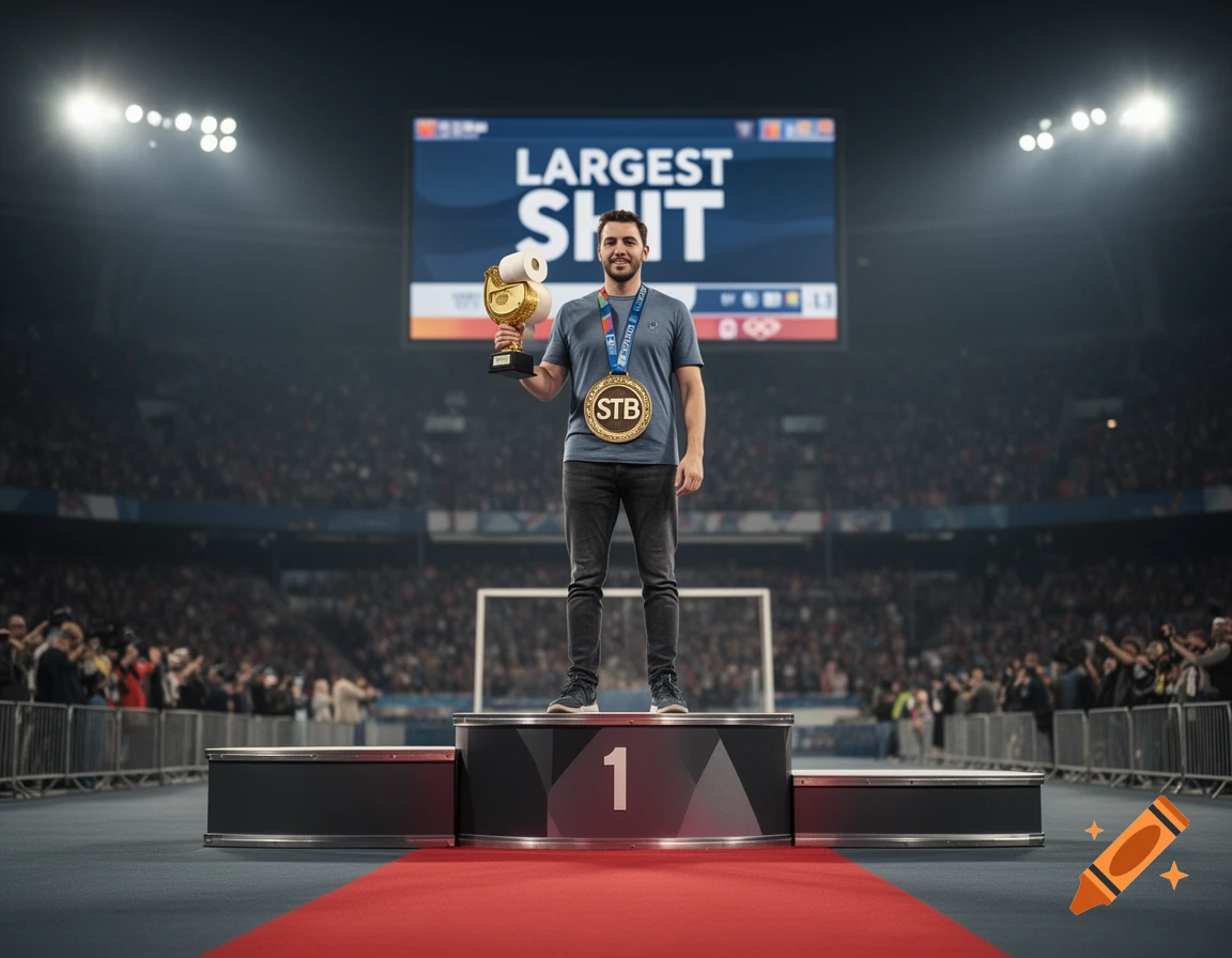 A man stands on a first-place podium in a stadium holding a golden trophy shaped like a toilet paper roll, with a screen in the background reading 'LARGEST SHIT'.