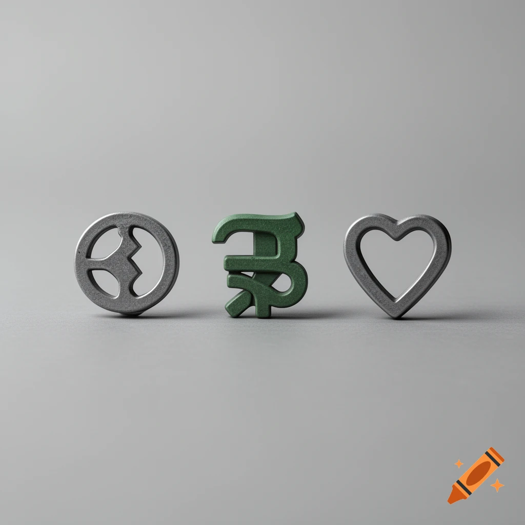 Three metal symbols, including a peace-like sign, a green ornate letter-like glyph, and a heart, standing on a grey surface.