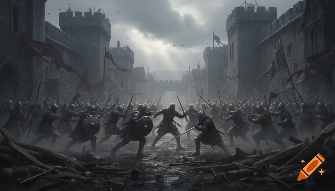 Grim medieval siege battle in a courtyard with soldiers fighting in close combat, overcast sky, realistic style.