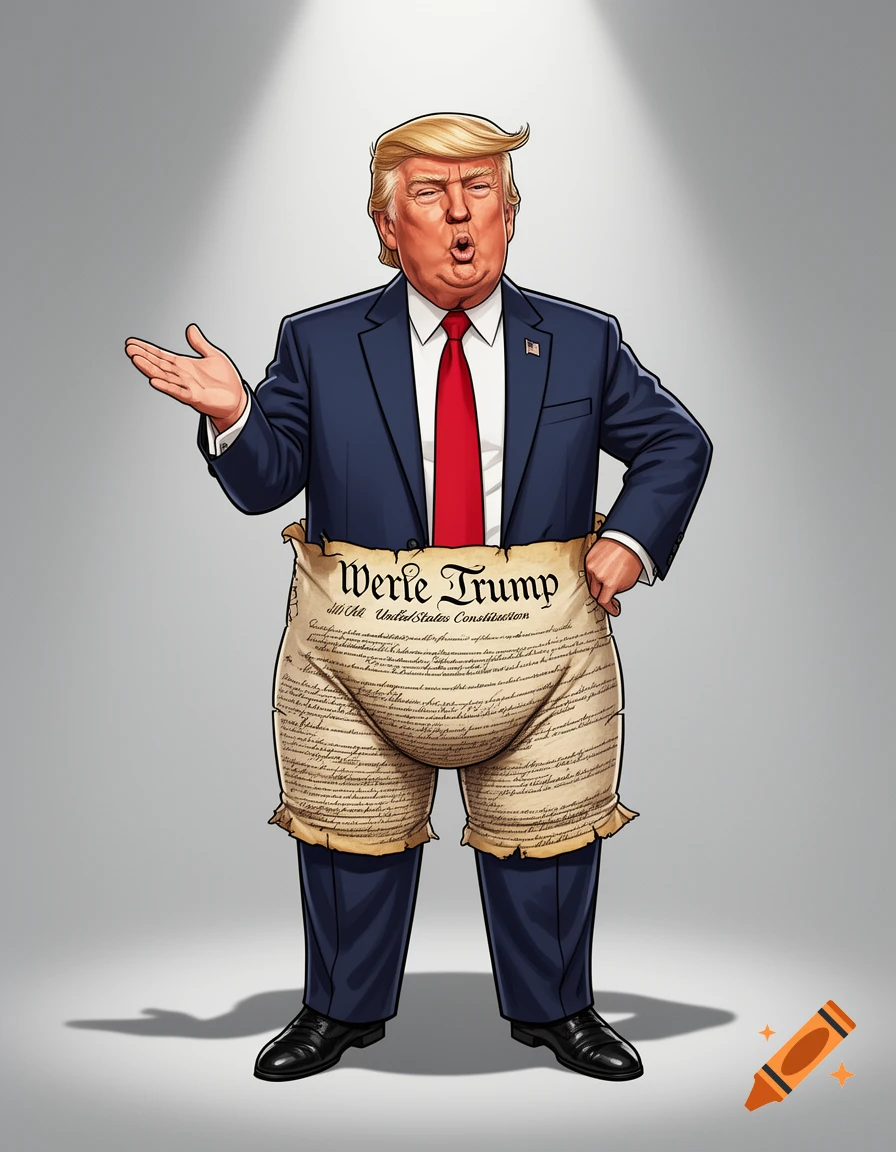 Digital illustration of Donald Trump wearing the US Constitution as a diaper.