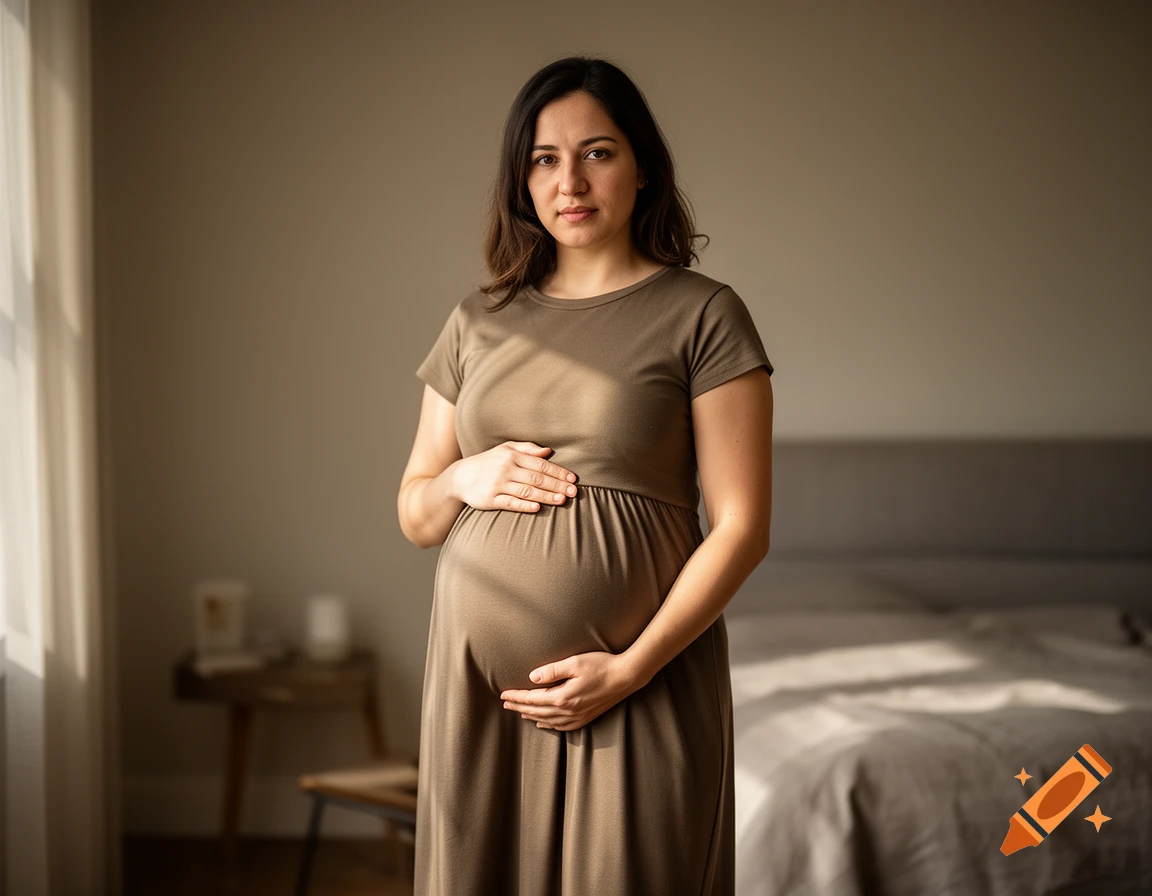 Photorealistic portrait of a pregnant woman wearing a brown dress in a bedroom setting.