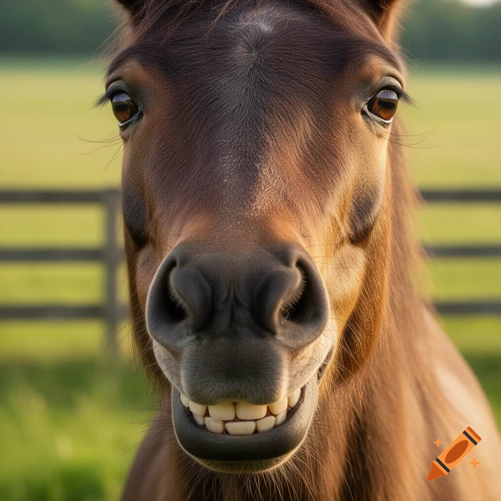 Close-up photorealistic shot of a brown horse smiling directly at the camera in a grassy field.