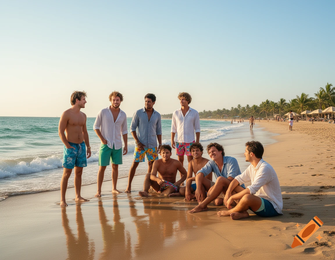 Group of young men relaxing and sitting on a sandy beach by the ocean at sunset, photorealistic.