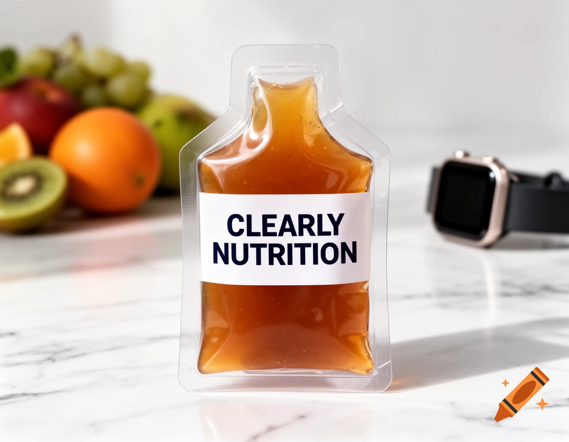 Photorealistic product photography of an amber energy gel packet with 'CLEARLY NUTRITION' label on a marble surface, with fruit and watch in background.