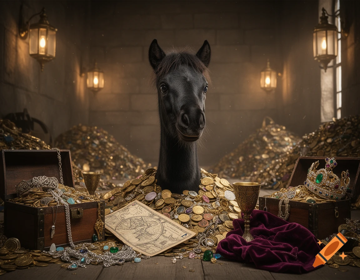 A black pygmy horse's head emerges from a pile of gold coins and treasure in a stone room, surrounded by chests.