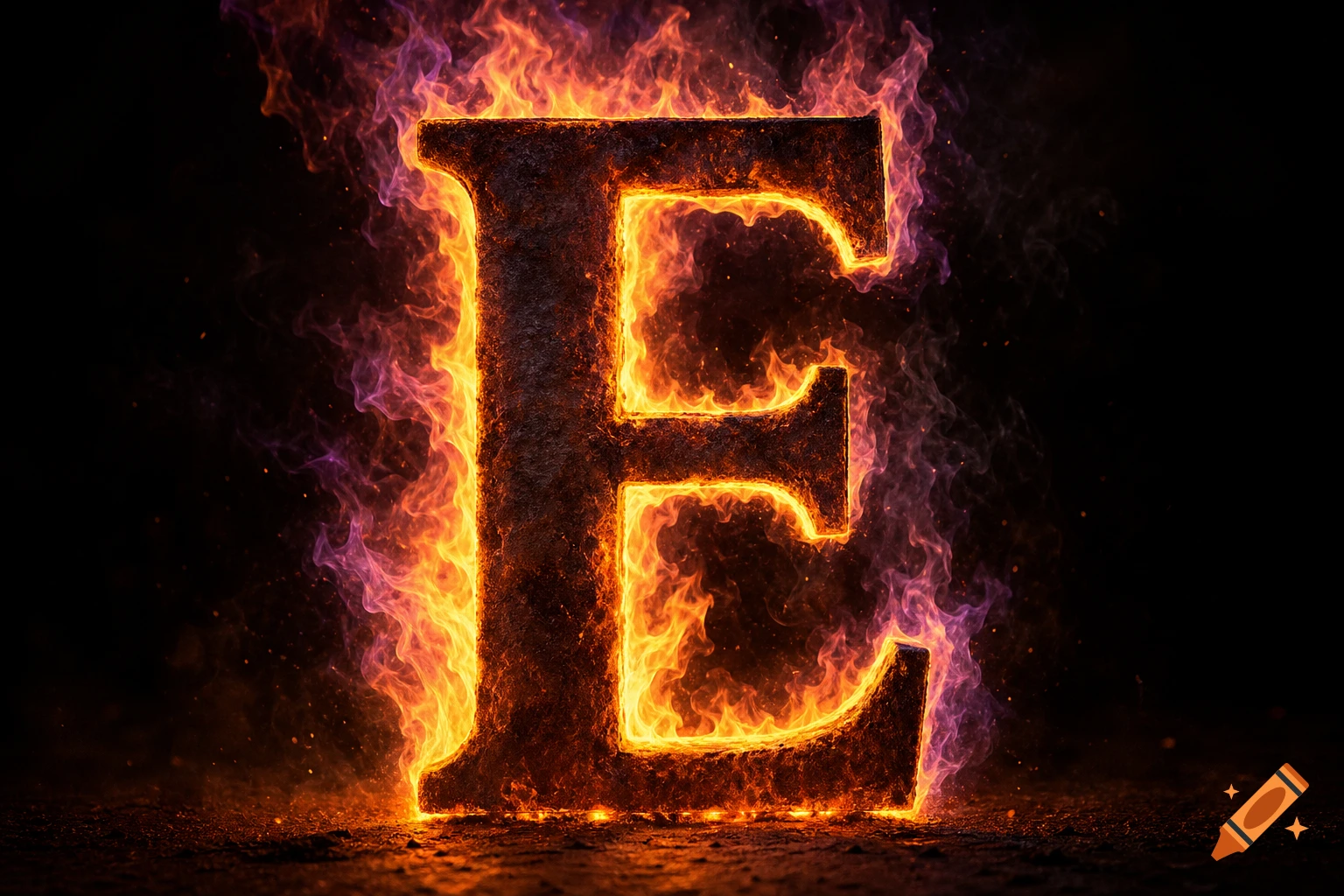 A large, weathered letter E engulfed in vibrant yellow, red, and purple flames against a dark background.
