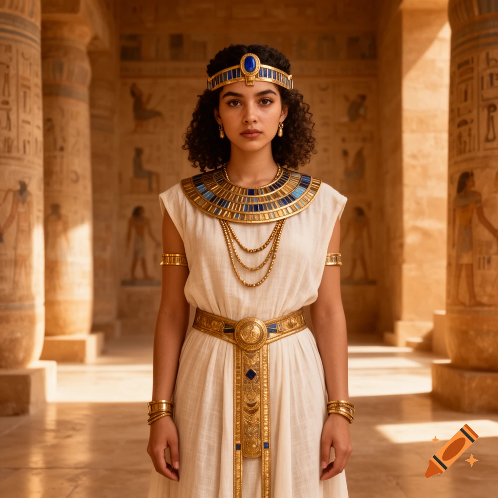 Photorealistic portrait of a young woman dressed as an Egyptian pharaoh, standing in an ancient temple corridor.
