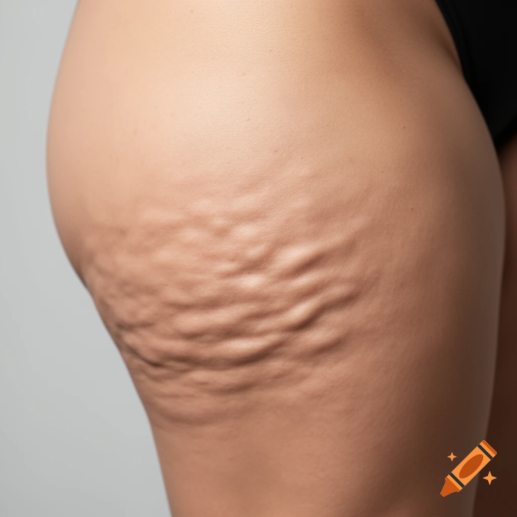 Close-up photograph of a person's thigh showing cellulite texture.