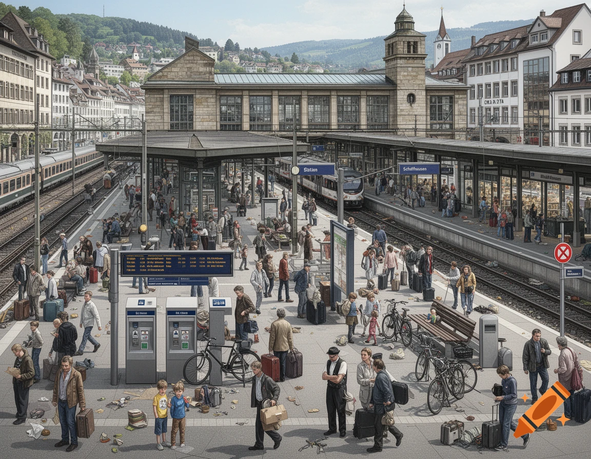 Detailed hidden-object style illustration of Schaffhausen railway station with many people and trains.