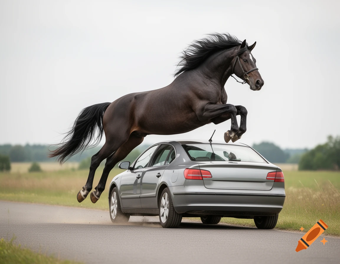 Photorealistic image of a dark horse jumping over the back of a silver car on a country road.