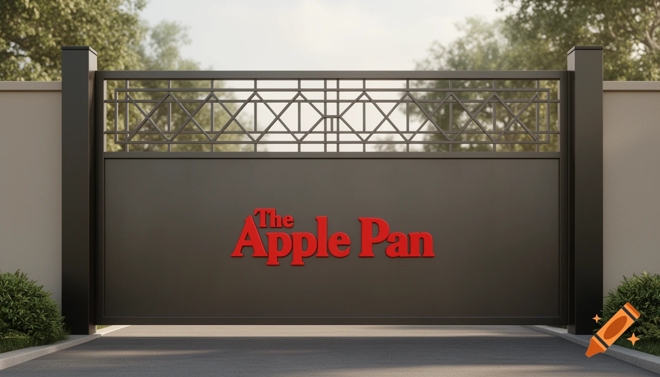 Photorealistic image of a dark metal gate with a decorative trellis top and red lettering reading The Apple Pan.