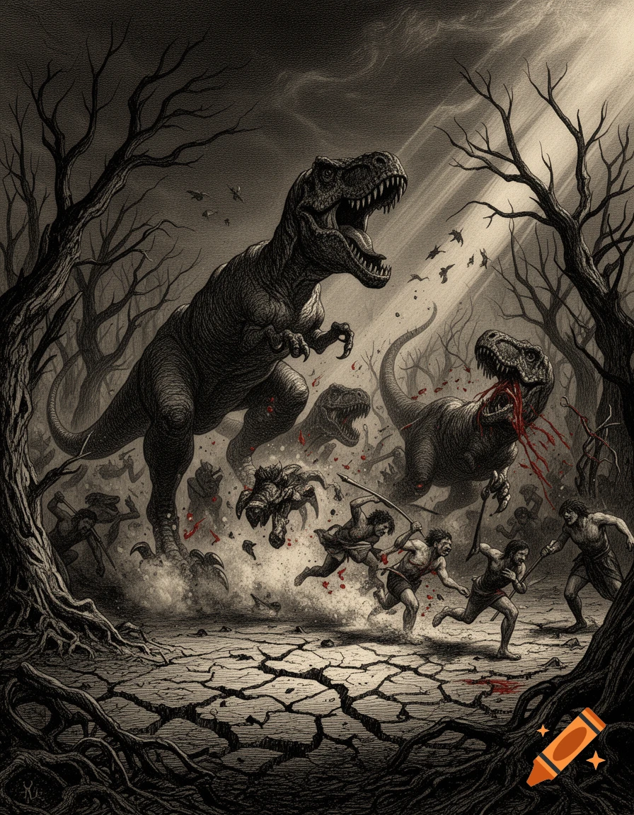Detailed ink engraving style illustration of tyrannosaurs hunting primitive humans in a dark, barren forest.
