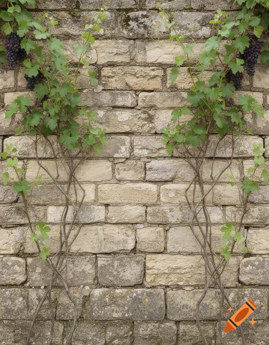 Photorealistic stone wall with two climbing grapevines bearing purple grapes.