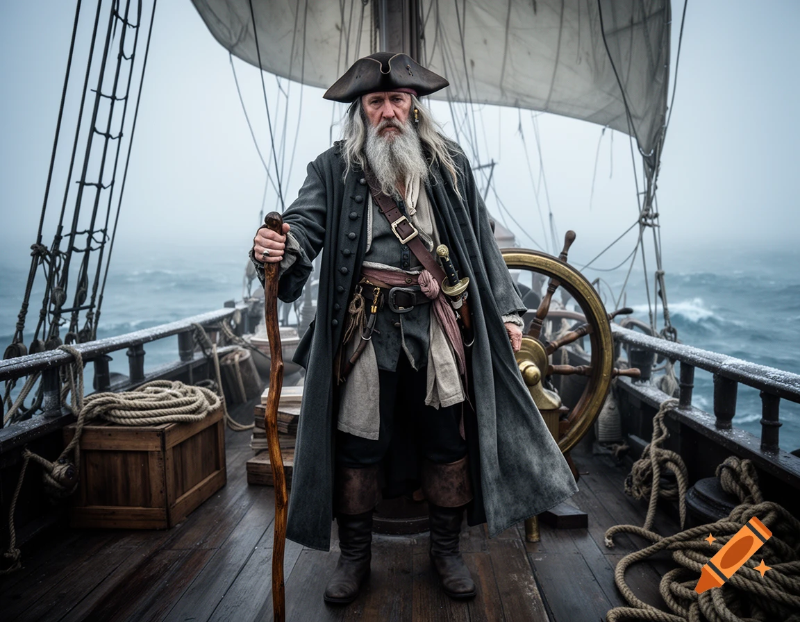 An elderly man with a long grey beard and tricorne hat posing as a pirate holding a wooden staff on a ship deck.
