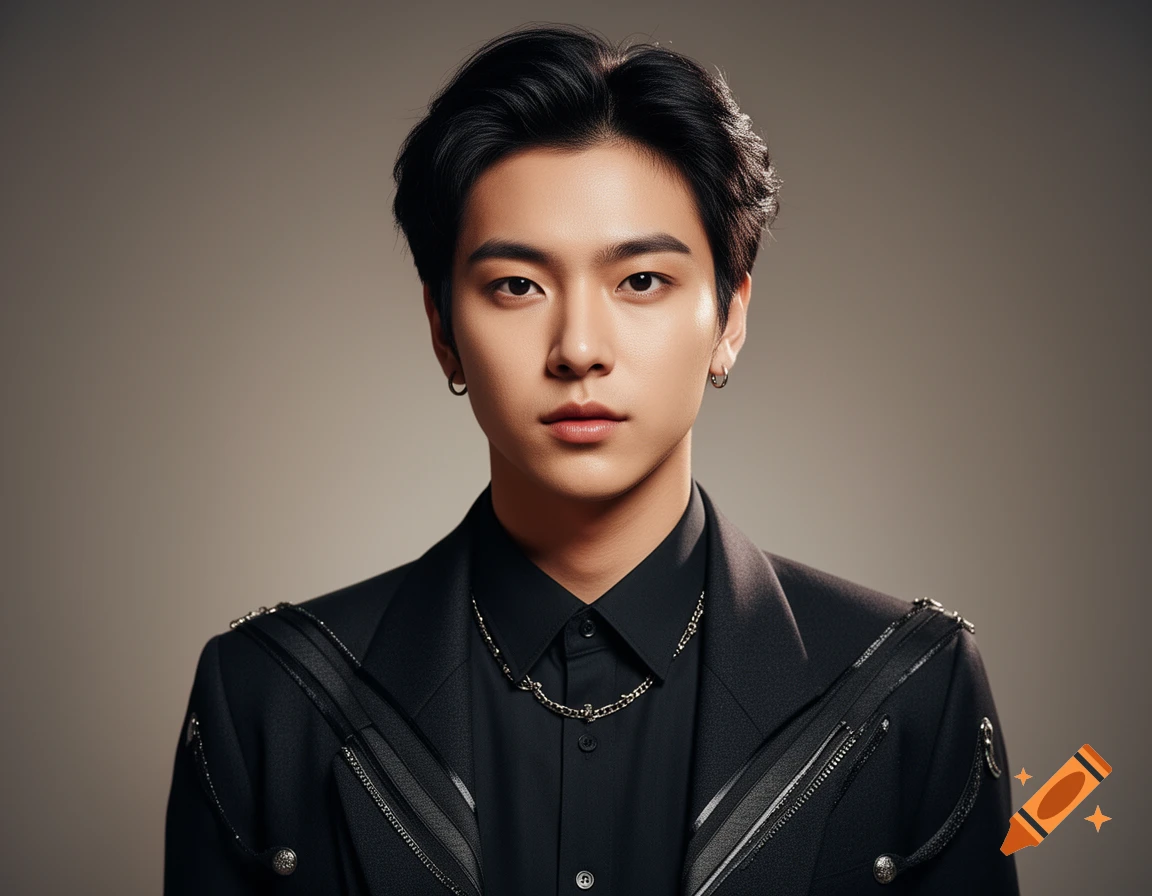 Photorealistic studio portrait of a young person with dark hair and a black collared jacket with silver chain necklace.