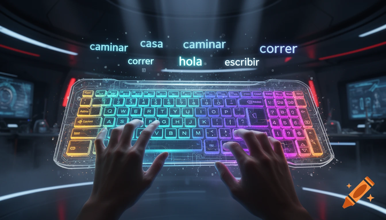 First-person view of hands typing on a glowing holographic futuristic keyboard floating in a dark sci-fi room with Spanish words floating above.
