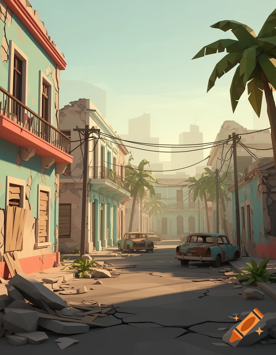 Low poly 3D digital art of a ruined Cuban street with crumbling pastel buildings, classic cars, and palm trees.