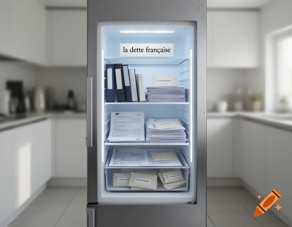 A photorealistic refrigerator open in a modern kitchen, filled with stacks of documents labeled la dette française.