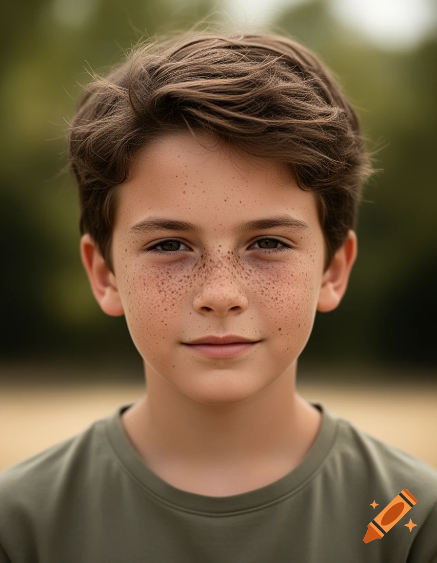 Photorealistic close-up portrait of a young boy with brown hair and heavy freckles on his face, wearing a green t-shirt.