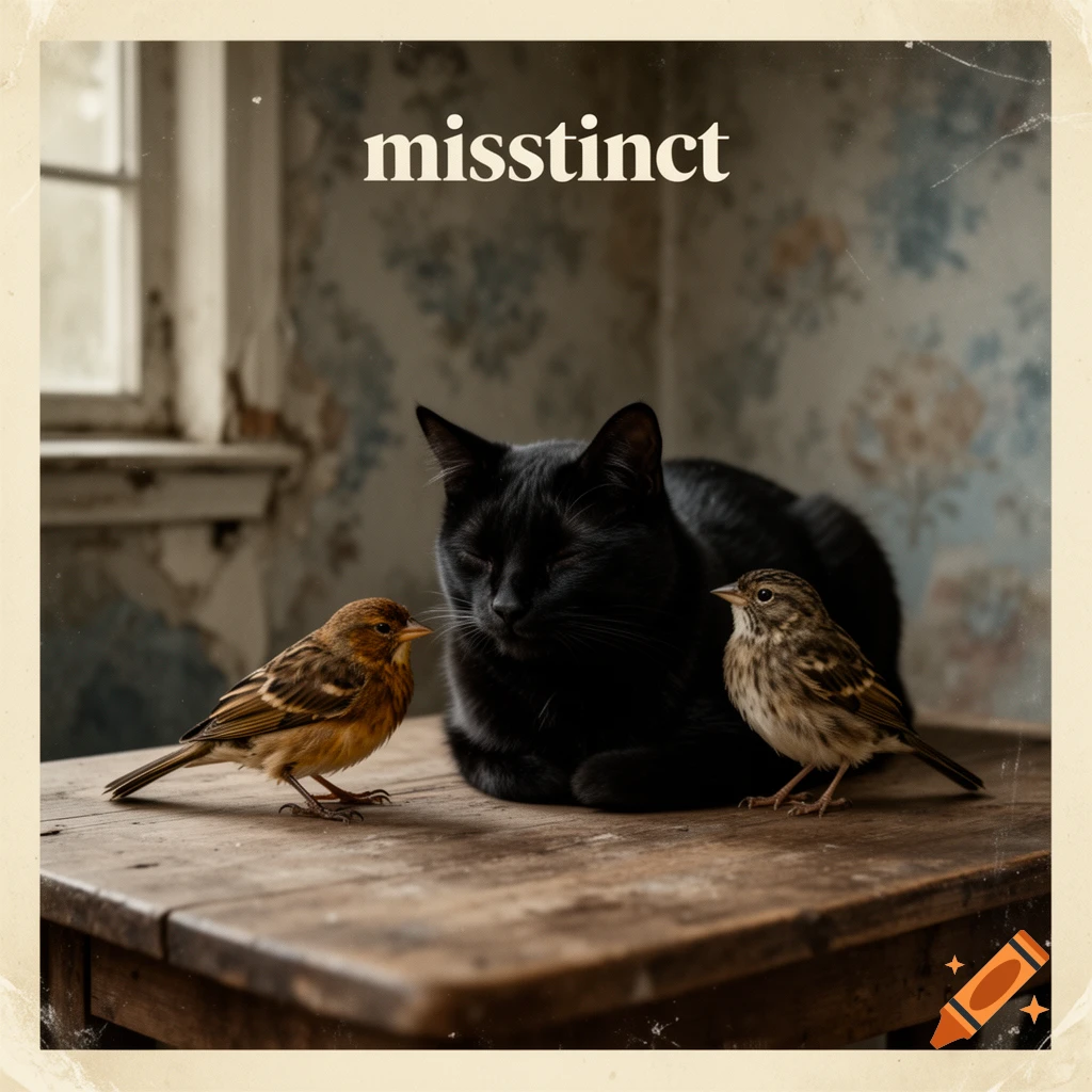 Vintage styled still life photo of a black cat sitting on a wooden table with two small birds, with the text 'misstinct' above.