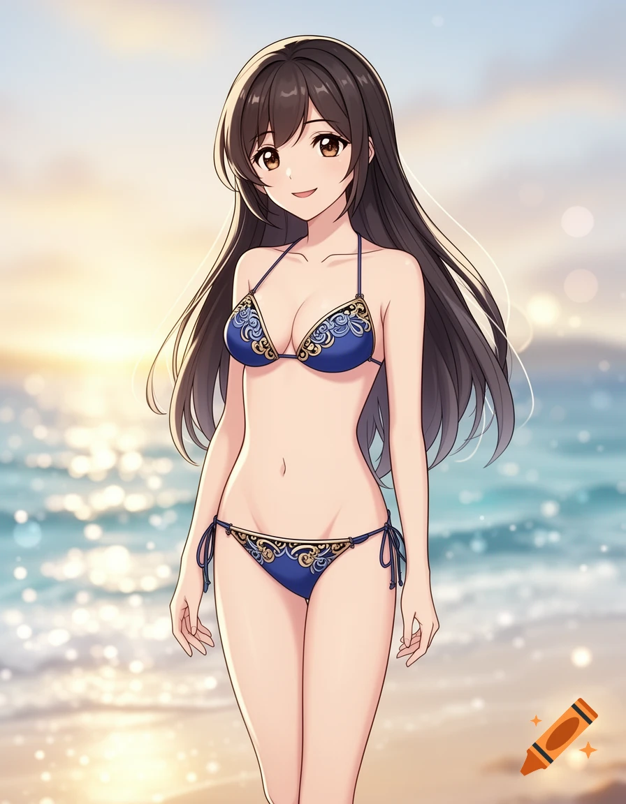 Anime style illustration of a smiling young woman with long dark hair wearing a blue bikini on a beach at sunset.