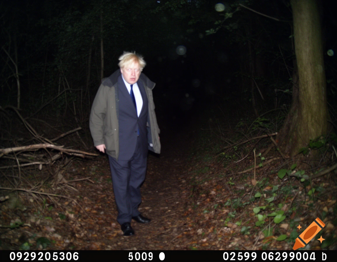 Trail camera style night vision photo of Boris Johnson walking on a dark forest path.