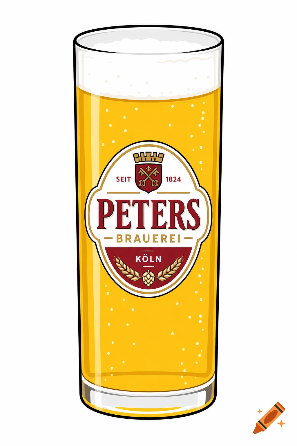 Illustration of a tall glass of Kölsch beer with the Peters Brauerei logo on the side.