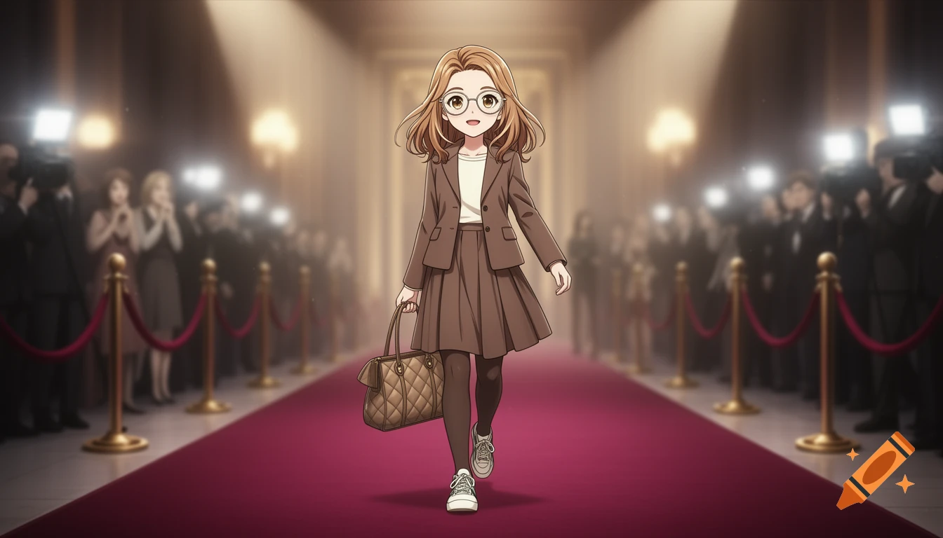 Anime style illustration of a young girl in a brown business suit walking down a red carpet with paparazzi in the background.