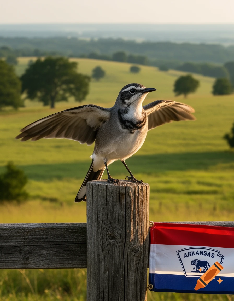 A photorealistic mockingbird perched on a wooden fence post with wings outstretched, with a rolling green landscape and an Arkansas flag in the background.