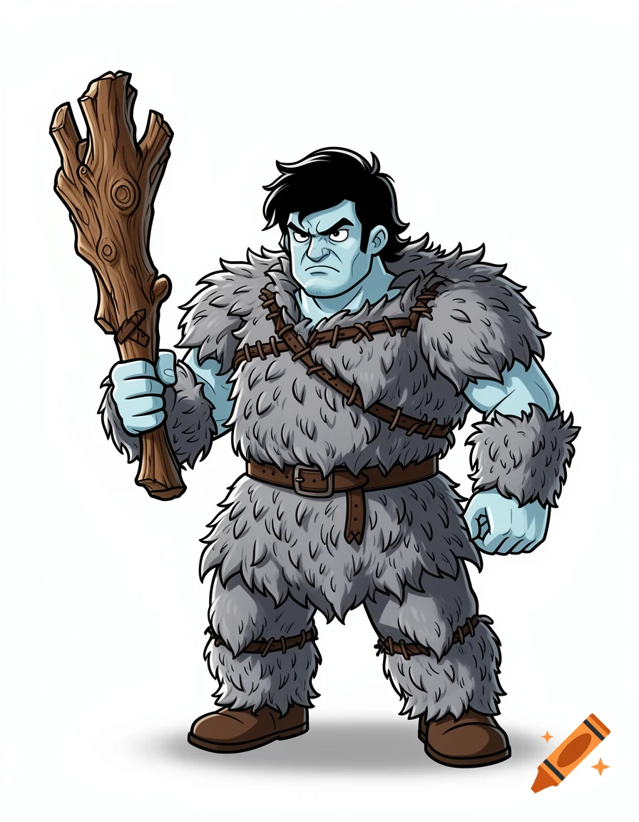 Cartoon illustration of a light blue-skinned man with black hair, wearing gray fur coveralls and holding a large tree club.