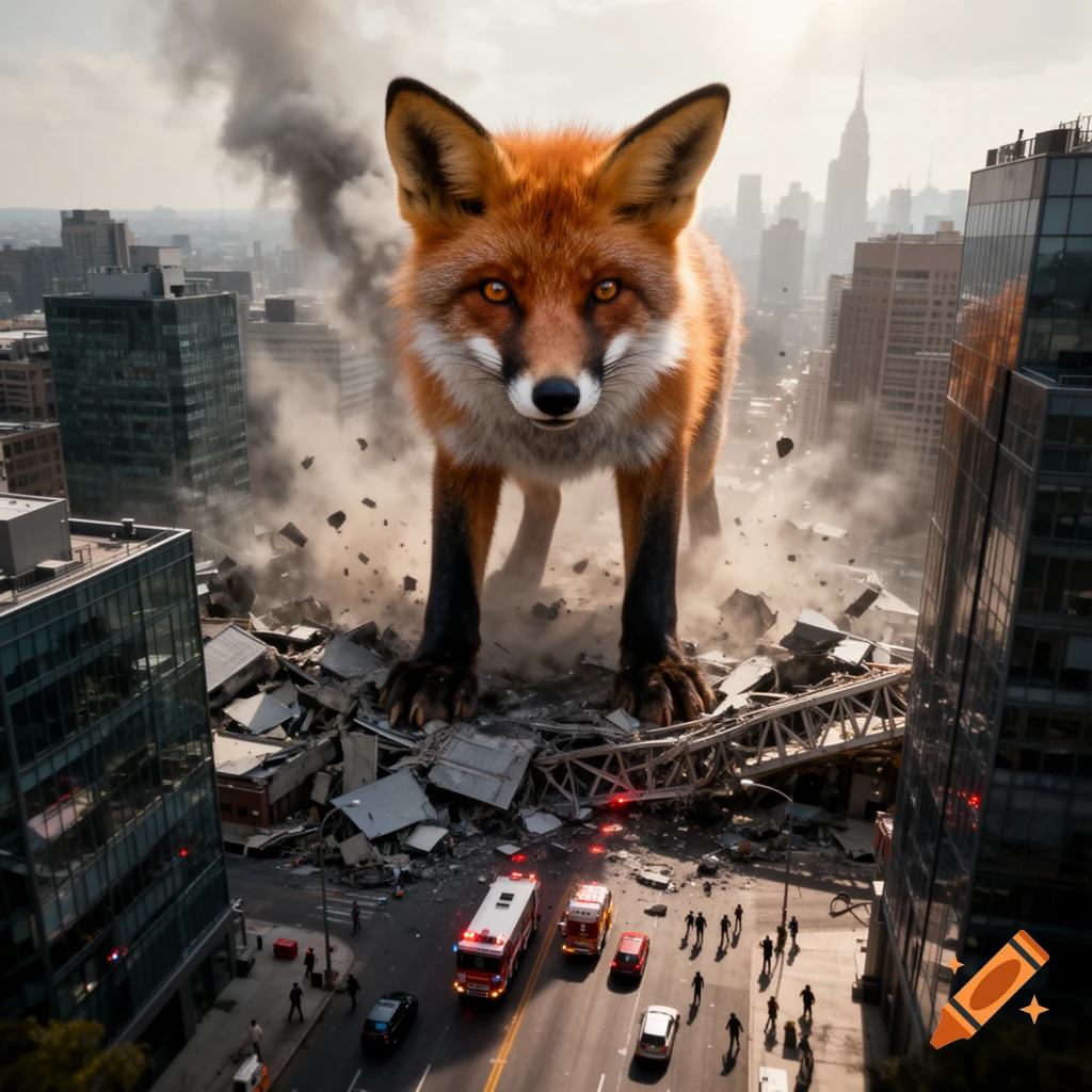 A colossal red fox stands in the middle of a New York City street, crushing buildings and scattering emergency vehicles.