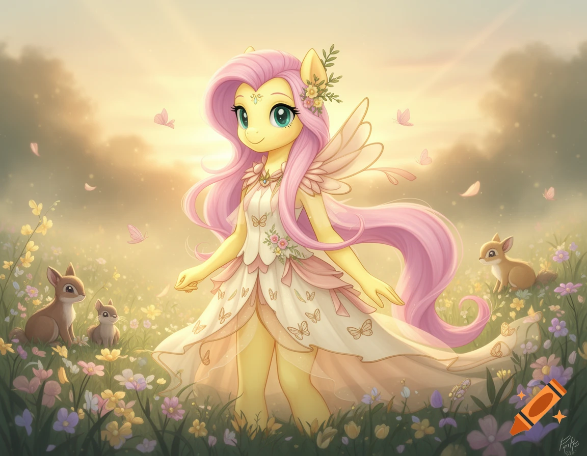 Digital illustration of a stylized yellow pony with pink hair and a white dress, standing in a sunny meadow with small animals.