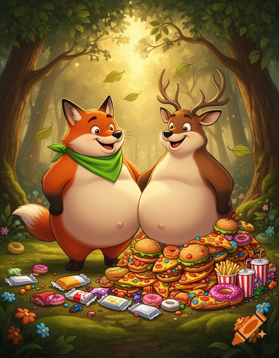 Cartoon illustration of a fat fox and a fat deer in a forest standing over a large pile of junk food like burgers, pizza, and candy.