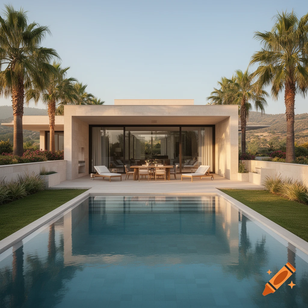 Photorealistic image of a modern luxury villa with a swimming pool, outdoor dining area, and palm trees under a clear sky.