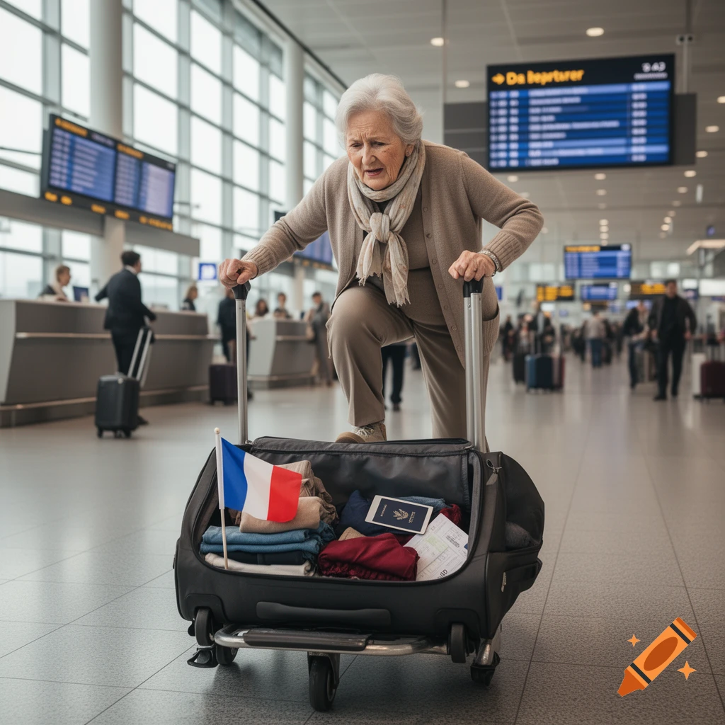 An elderly woman with gray hair tries to step into an open suitcase on a luggage cart in a busy airport terminal.
