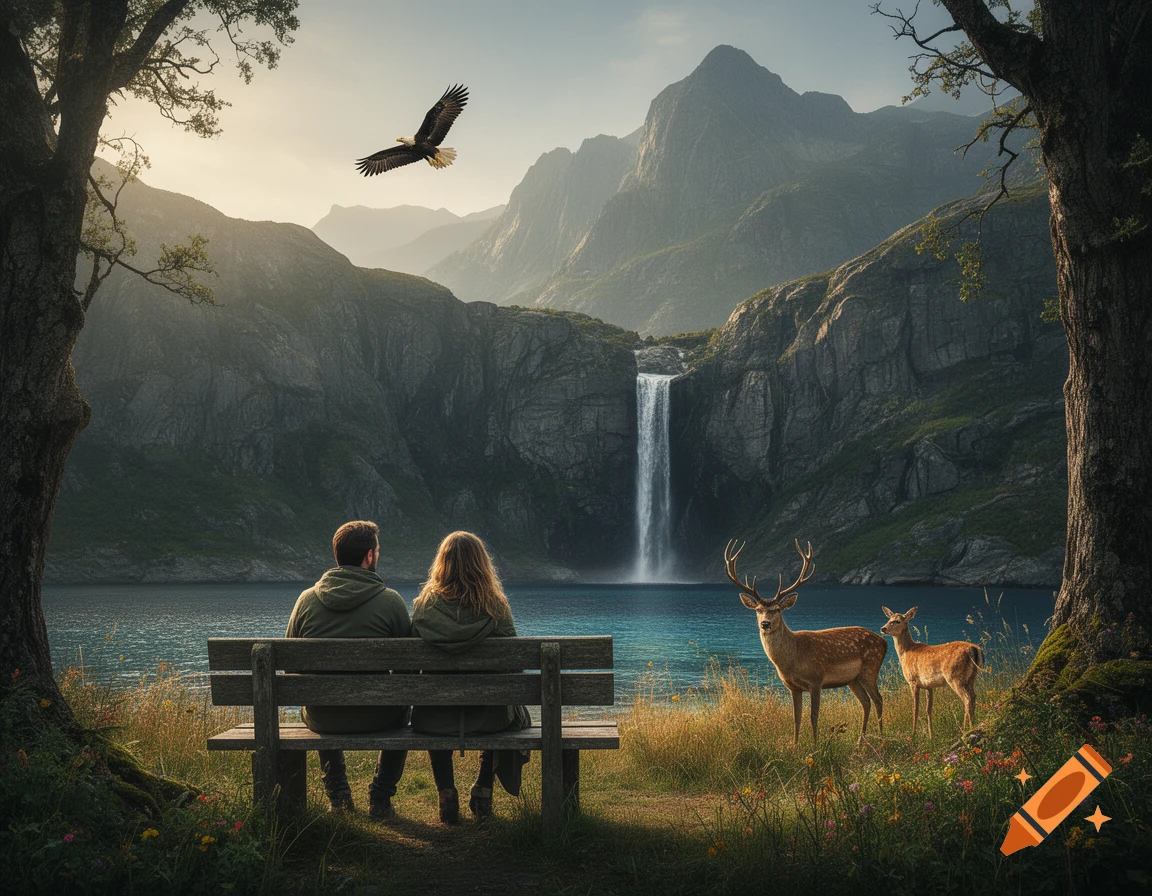 Photorealistic landscape with a couple sitting on a bench facing a lake, mountains, waterfall, flying eagle, and deer.