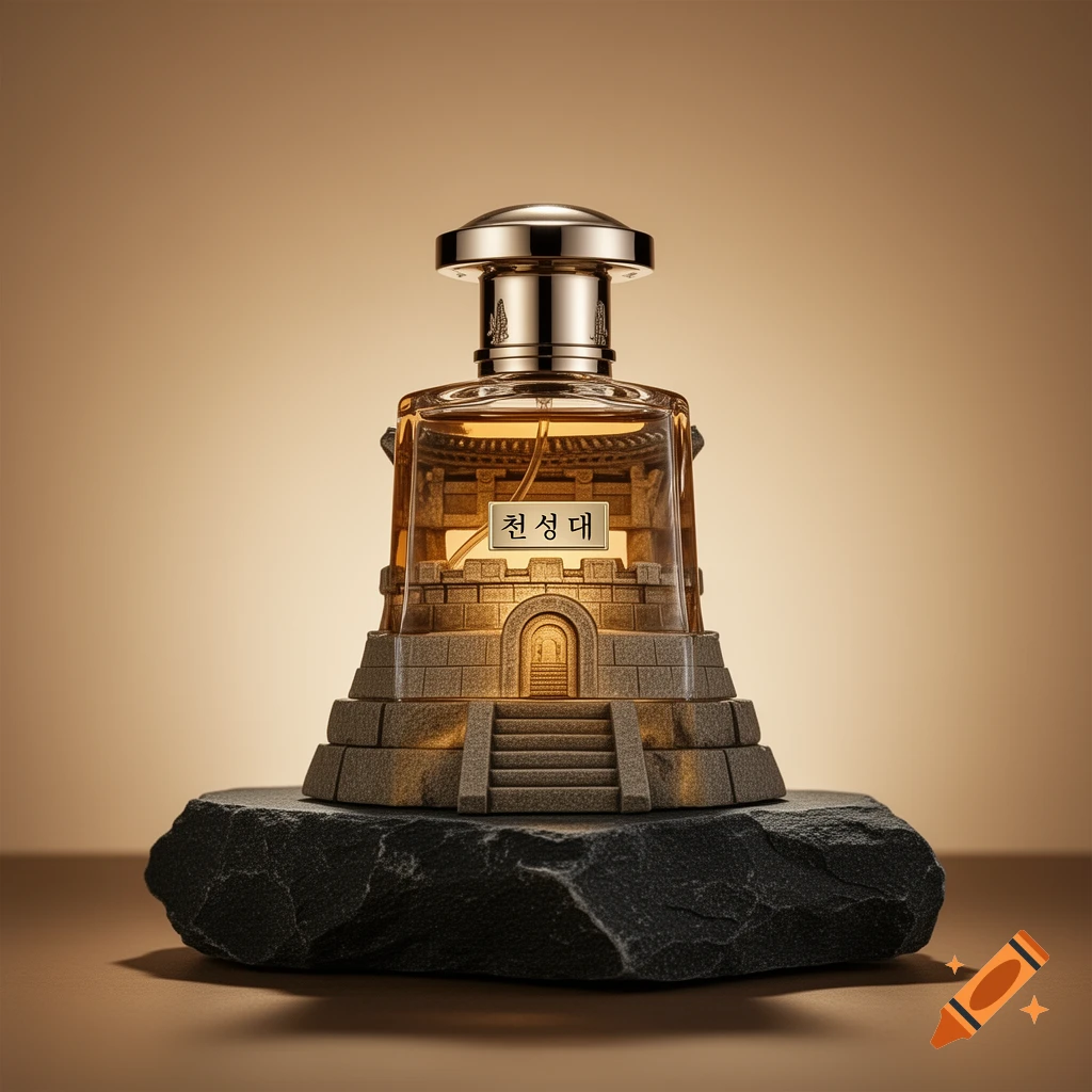 A photorealistic perfume bottle shaped like Cheomseongdae observatory, resting on a dark stone against a warm brown background.