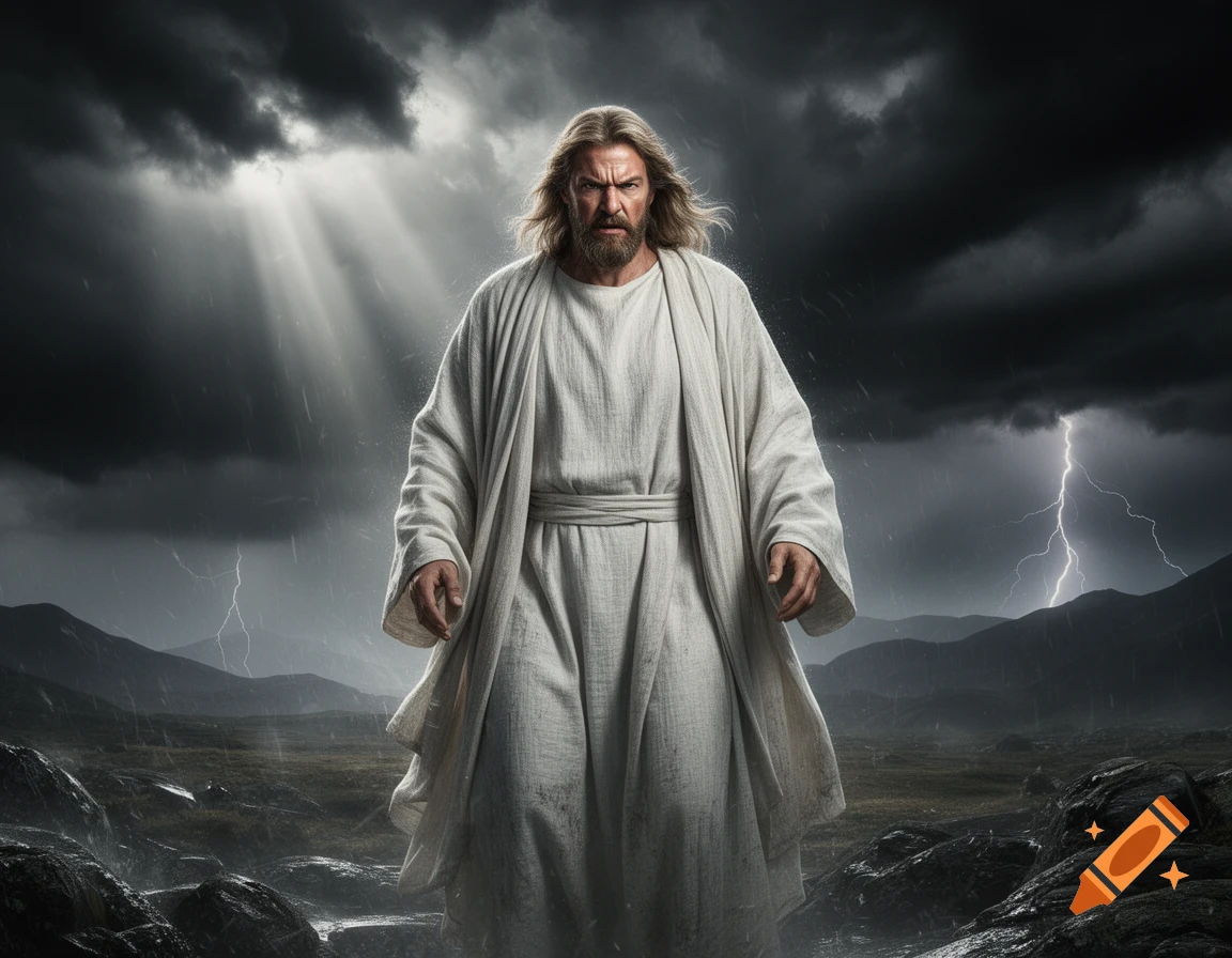 An angry, bearded man with long hair wearing a white robe, standing in a stormy landscape with lightning and dark clouds, photorealistic.