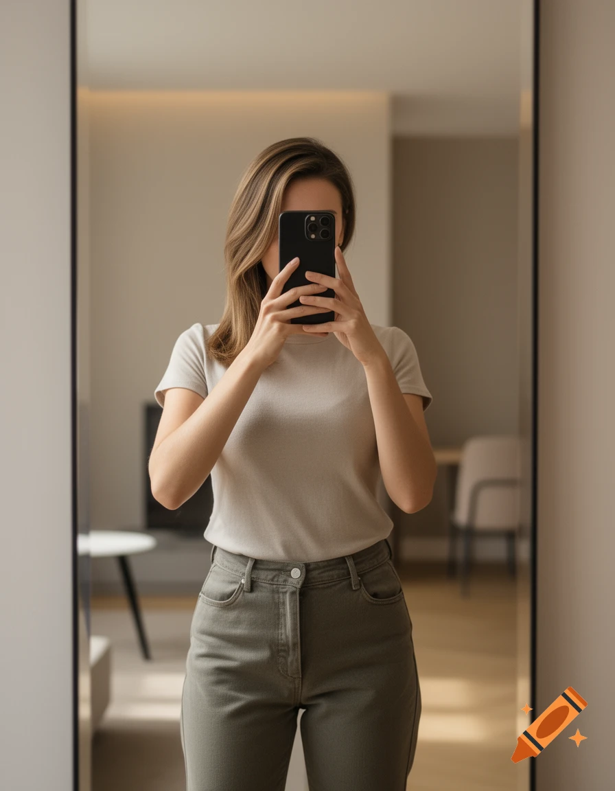 Photorealistic mirror selfie of a woman holding a smartphone in front of her face, wearing a neutral t-shirt and olive pants in a modern room.