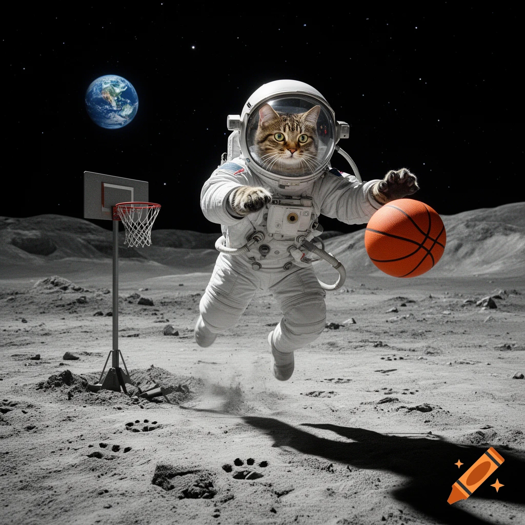 An astronaut cat wearing a spacesuit is playing basketball on the moon, with planet Earth visible in the starry space background.