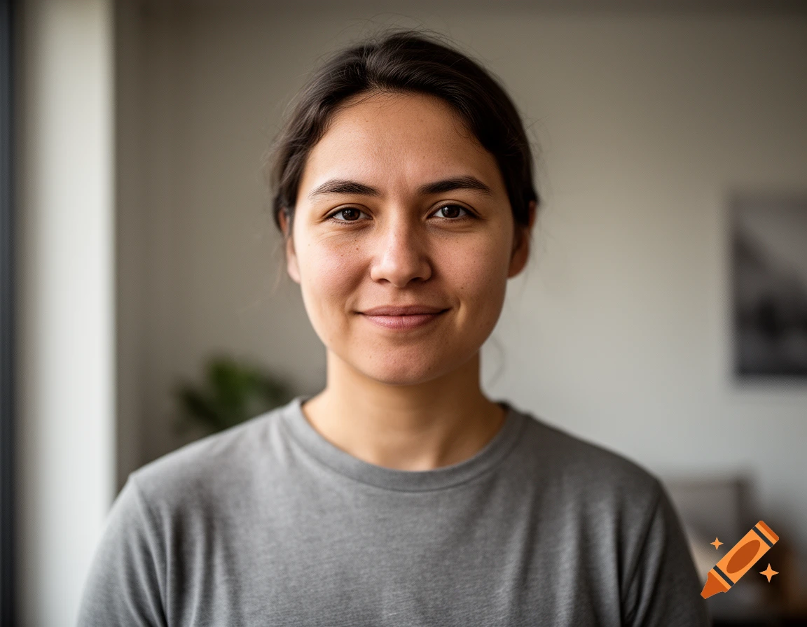 Close-up photorealistic portrait of a person wearing a grey t-shirt, looking directly at the camera with a neutral expression.