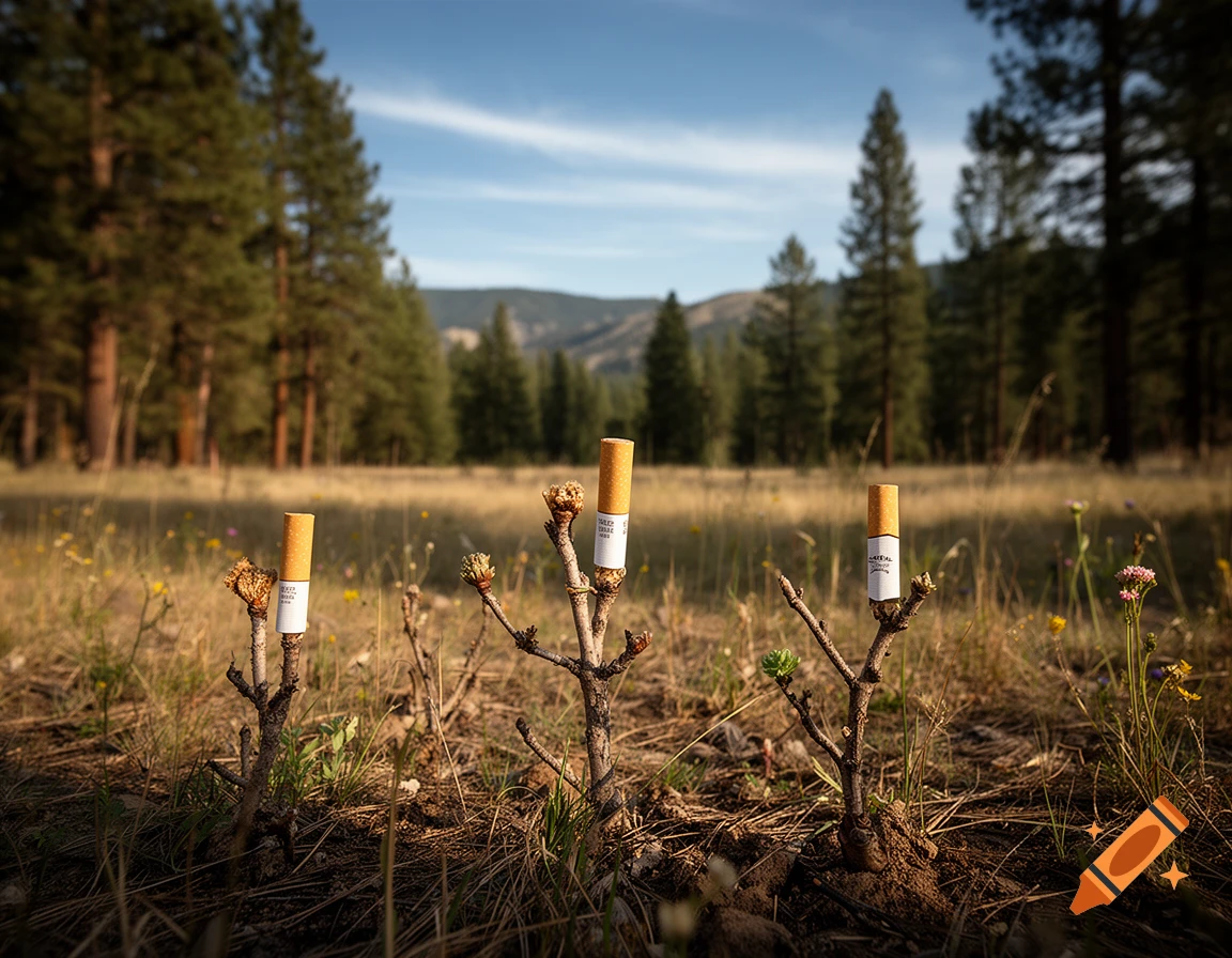 Photorealistic image of a pine forest with saplings sprouting cigarette butts as buds.