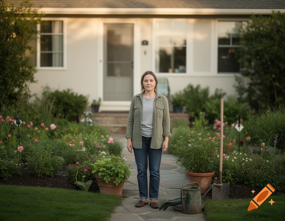 Photorealistic image of a middle-aged woman standing on a stone pathway in front of a house, surrounded by a lush garden.