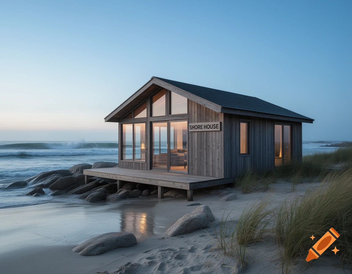 Photorealistic image of a wooden shore house on a sandy beach with ocean waves in the background at dusk.