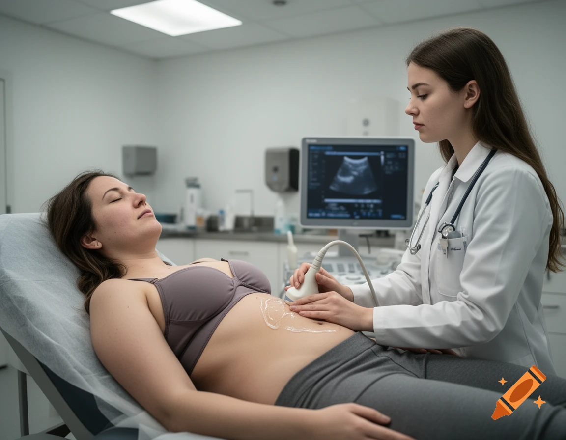 A female doctor performing an abdominal ultrasound on a patient lying on an examination table in a clinic.