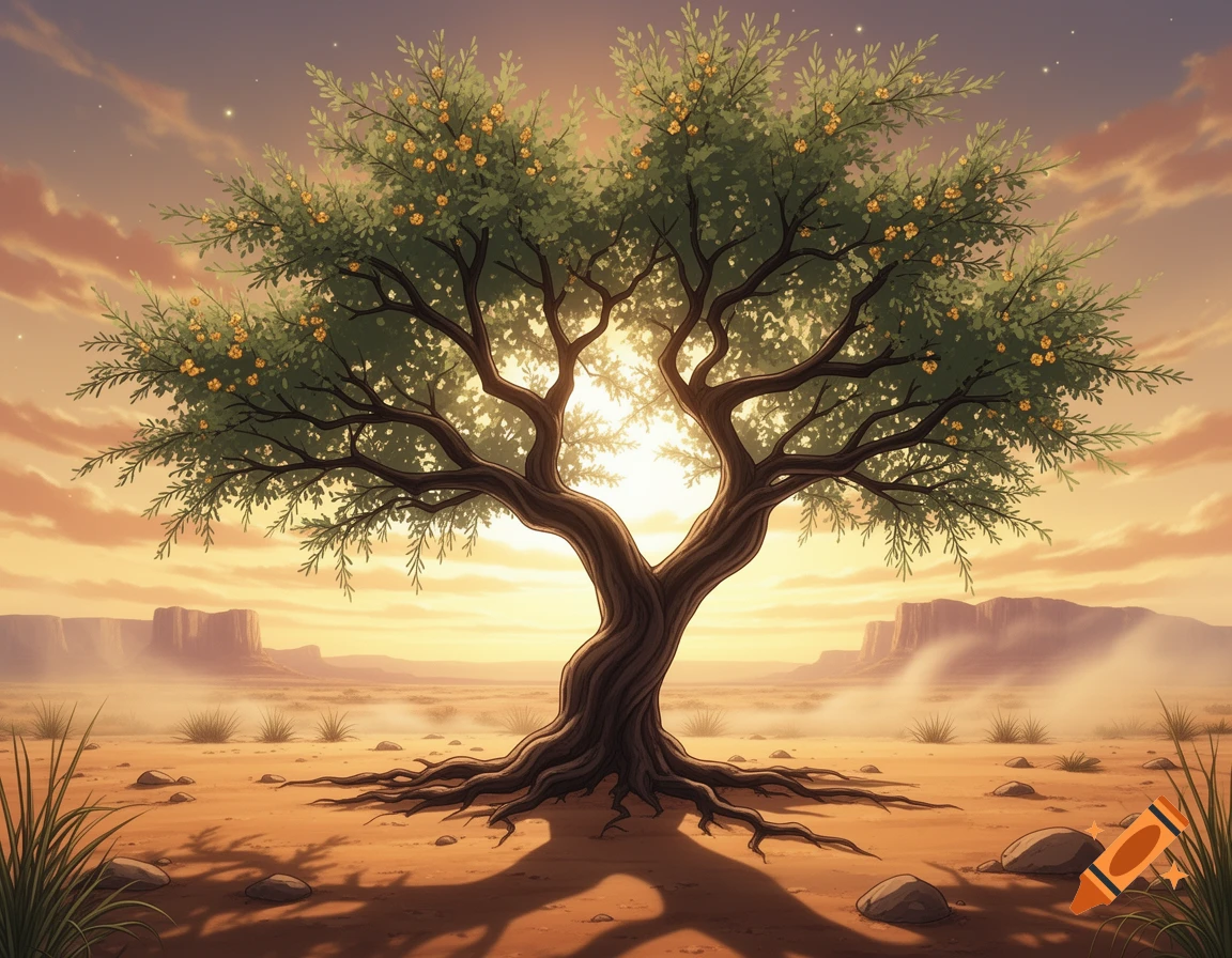 Anime style illustration of a mesquite tree in a desert landscape during a sunset.